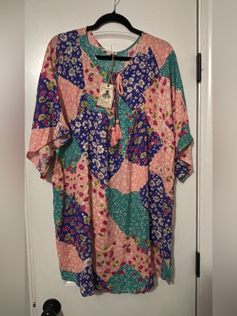 Easel Patchwork Floral dress- Pink, Teal & Blue